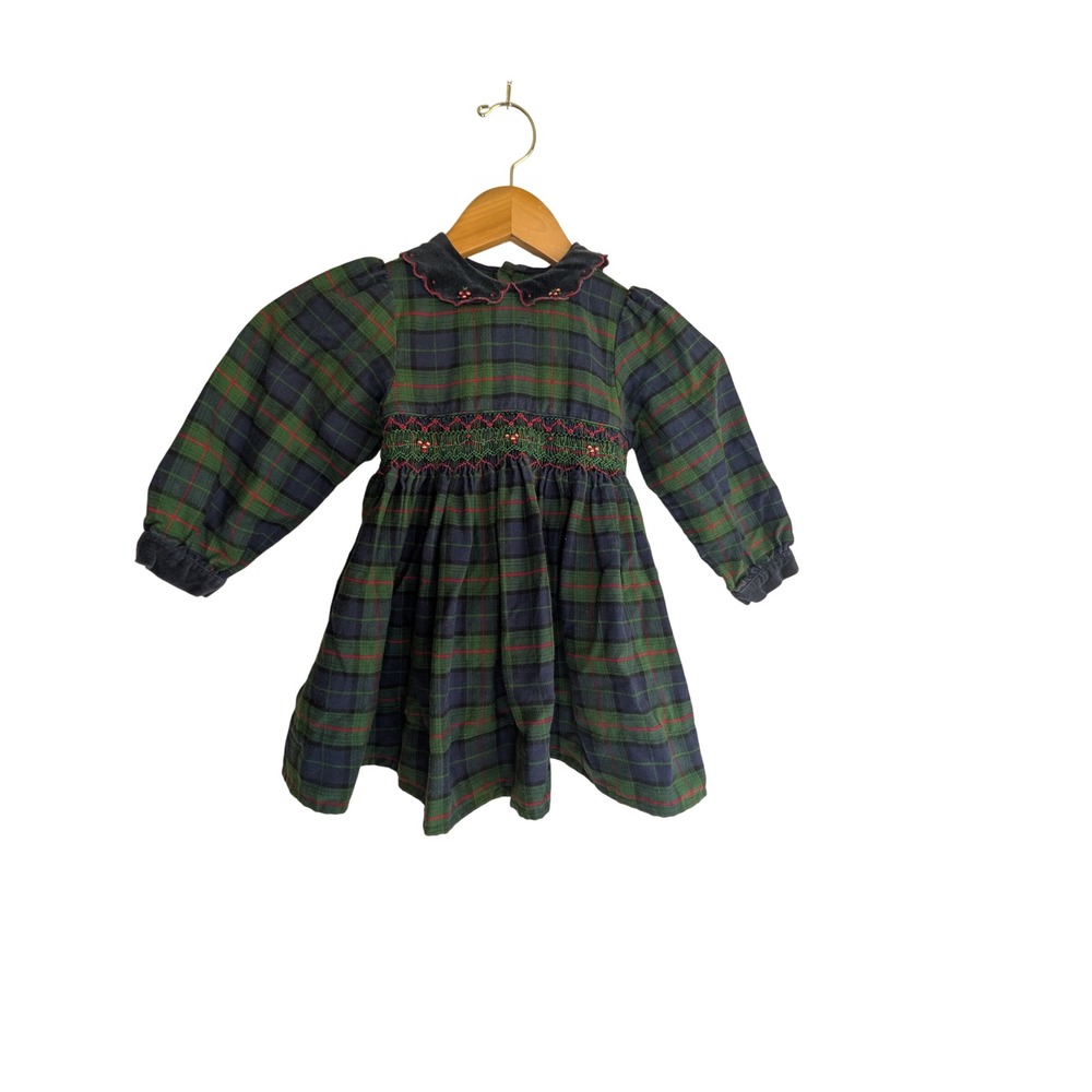 ANGEL FISH Tartan Plaid Holiday‎ Dress Girls 3T Green Navy Smocked Christmas